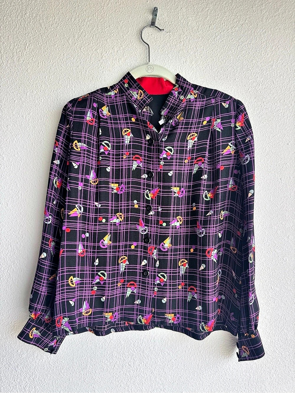 Vintage 80s Christian Dior Geometric Silk Blouse & Skirt Set in Black & Purple